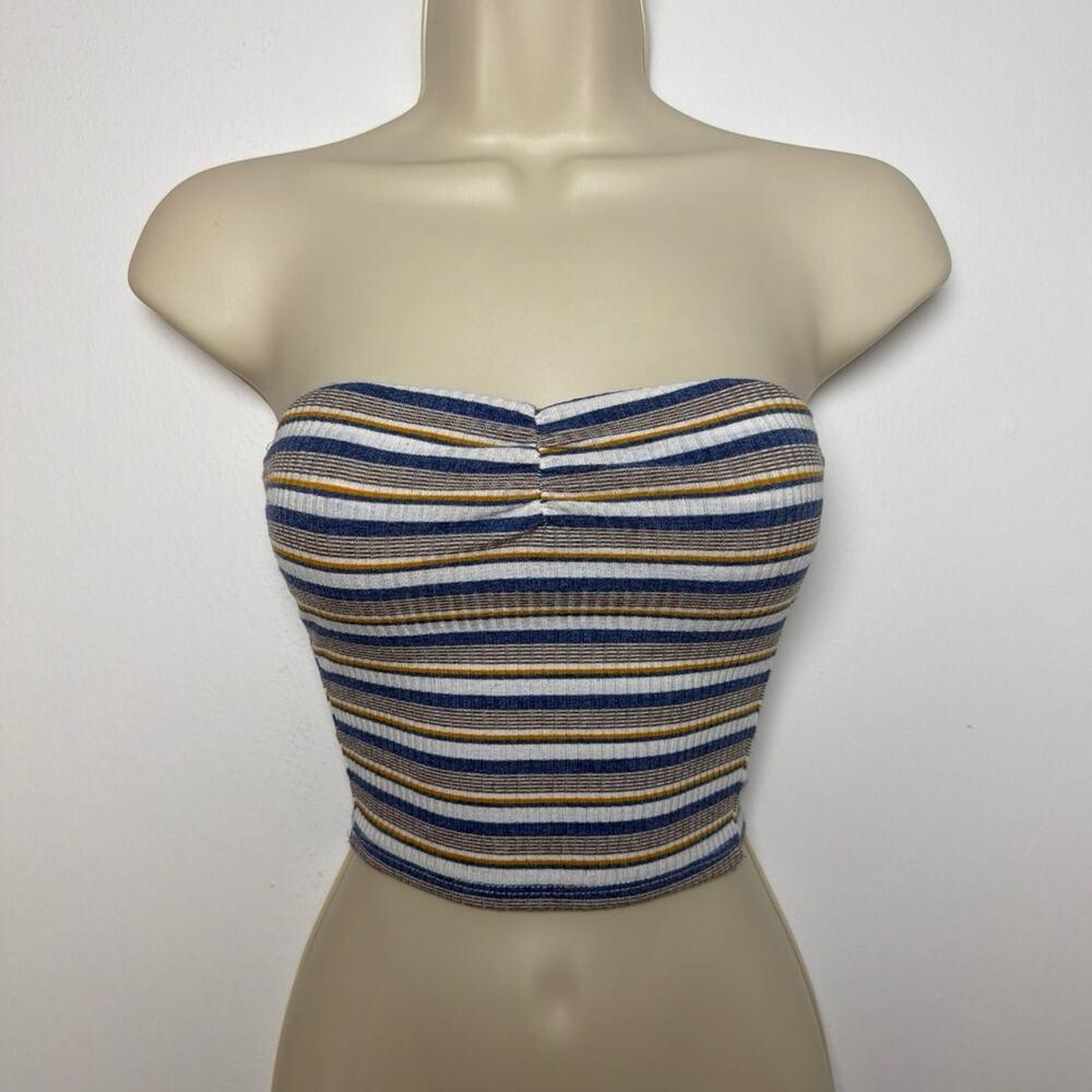RSQ Navy Blue Yellow Striped Ribbed Ruched Strapless Crop Tube Top Size XS